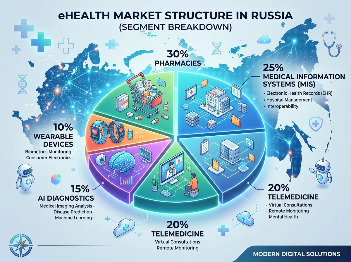 Инфографика структуры рынка eHealth в России — круговая диаграмма по сегментам: МИС, телемедицина, онлайн-аптеки, AI-диагностика, носимые устройства